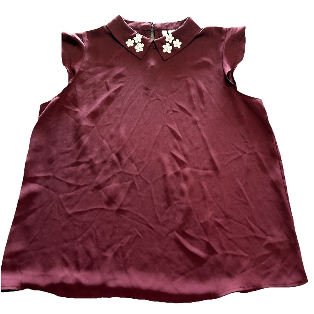 ELLE WINE MAROON SLEEVELESS BLOUSE WITH FLOWERS SIZE S Old Money Collared
